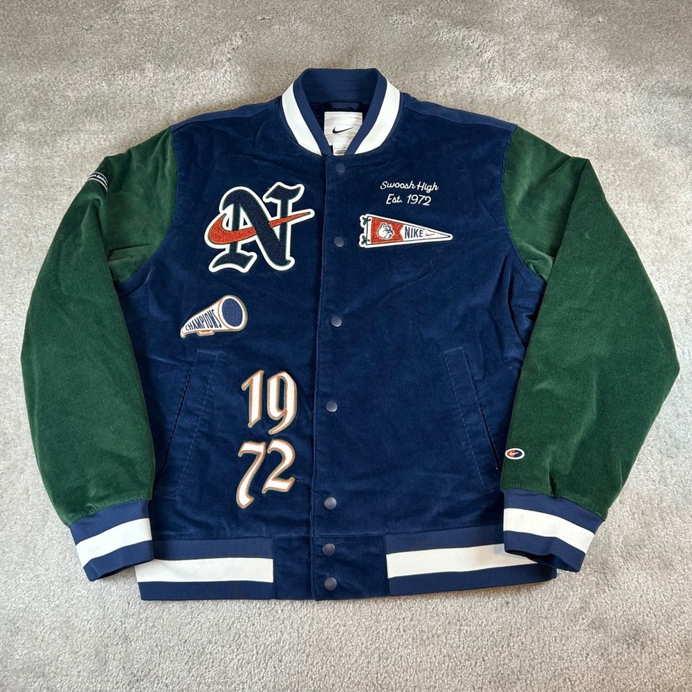 Nike Varsity Jacket Men's L Blue Green Corduroy Swoosh High Chenille FQ6159-410